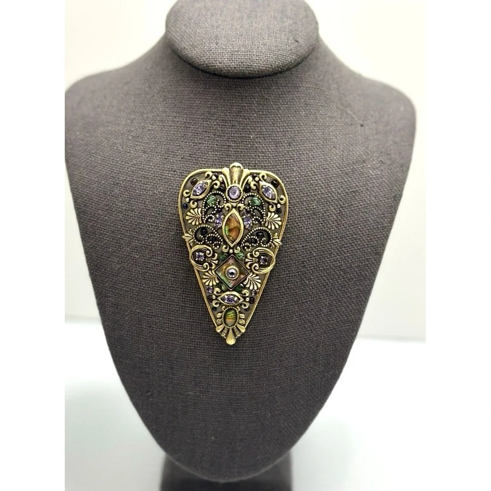 Michal Golan Stamp Brooch Pendant‎ Gold Tone Multi Stone Statement Vintage Style